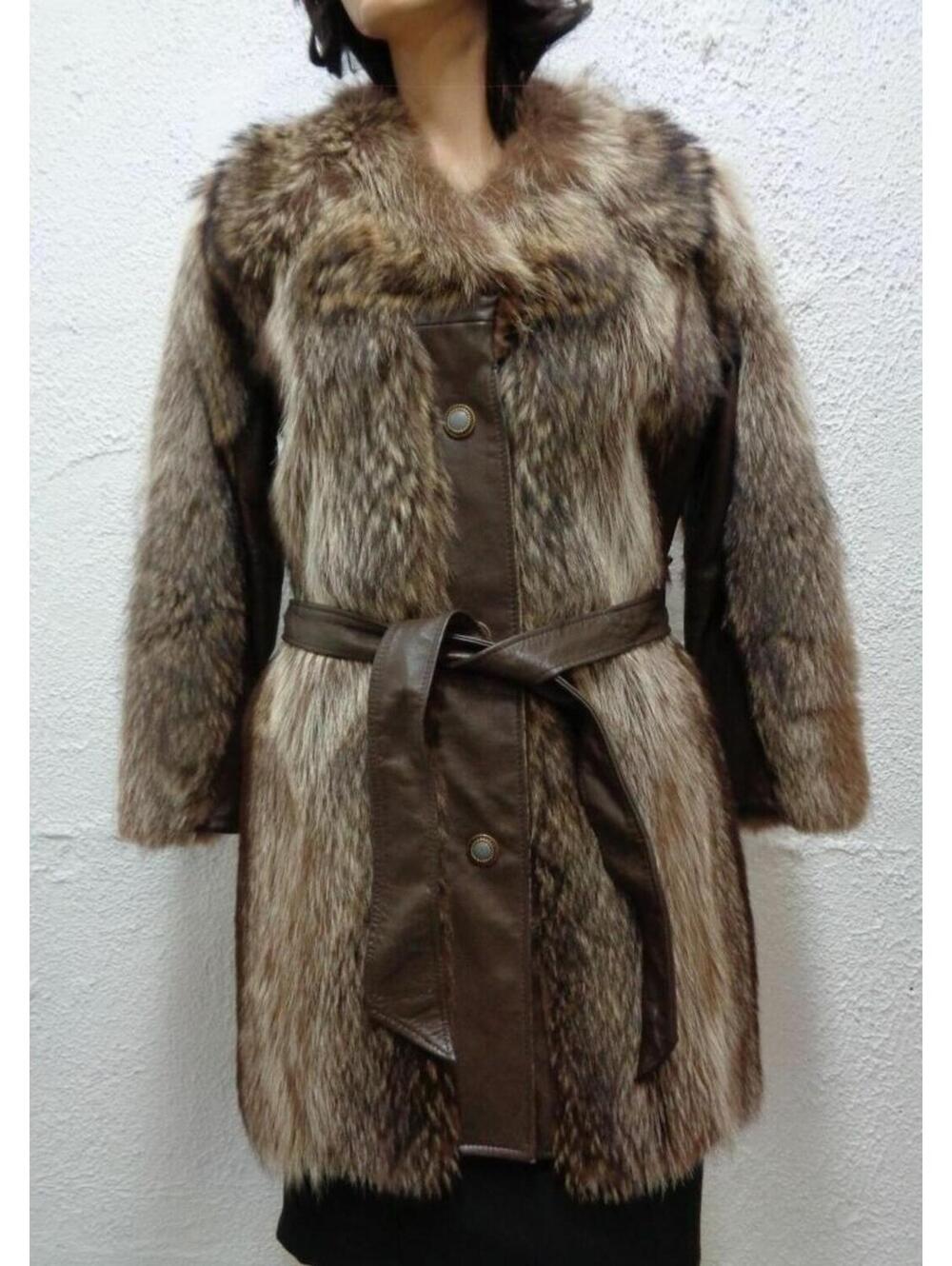 MINT NATURAL RACCOON FUR & LEATHER COAT JACKET WOMEN WOMAN SIZE 4 PETITE